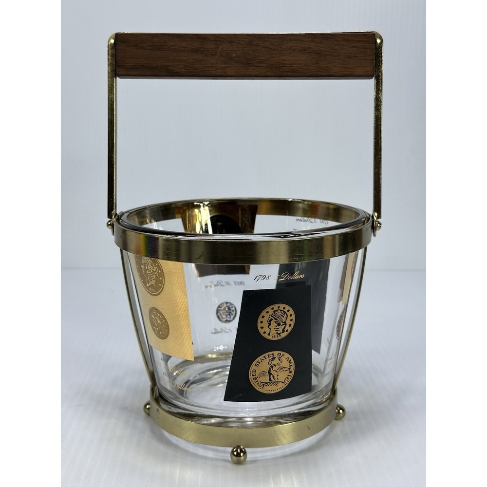 VTG MCM Cera‎ Glass Ice Bucket Wood Handle Carrier Gold Black Coins Small Chip